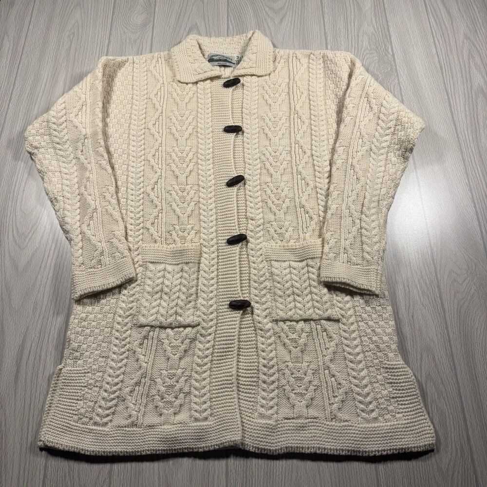 Vtg Aran Crafts Merino Wool Cable Knot Long Cardigan Sweater Women’s M Beige EUC
